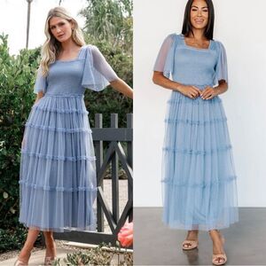 Dusty Blue Tulle Midi Dress